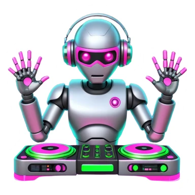 Robot DJ with bright glowing neon pink and neon green lights around turntables, 8k sticker