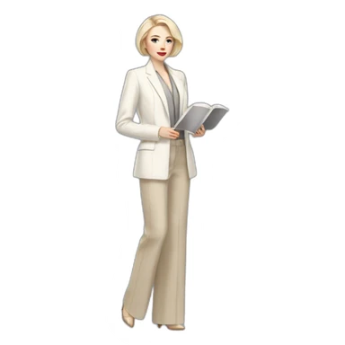 Full height pale skin woman with ash blonde Straightened bob Hair, White Spacious classical jacket, beige palazzo Arrow pants and gray blouse holding a color palette in the hands sticker