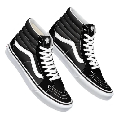 Pair of black Vans Sk8-Hi sneakers clearly arranged with one directly behind the other, high-top skate shoes with white jazz stripe, black canvas upper, white stitching, white rubber sole sticker