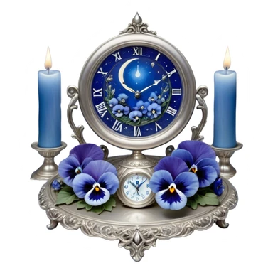 An enchanting, mystical setting where blue pansies, tinged with streaks of light blue, bloom beneath a radiant silver crescent moon. A pearl-colored candle stands on an ornate silver plate, its wax melting into swirling patterns resembling planetary orbits. The background features an astrological clock, its delicate hands tracing cosmic cycles as faint zodiac constellations shimmer against a twilight sky. Floating celestial charts inscribed with ancient symbols weave through the air, illuminated by the soft blue glow of distant stars. A mystical aura surrounds the scene, as if whispering secrets of destiny and the universe’s grand design. sticker