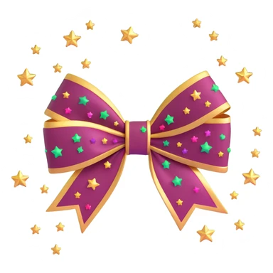 sparkly burgundy bow with gold outline and stars, glowing neon effect sticker