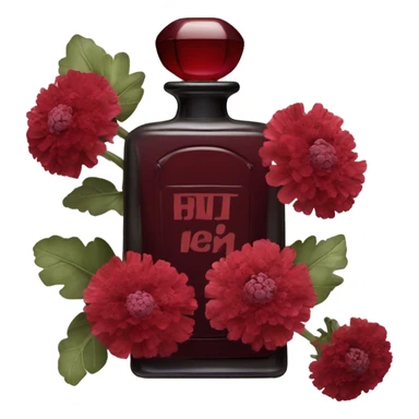 Dark red vintage French style perfume bottle with red scabiosa flowers sticker