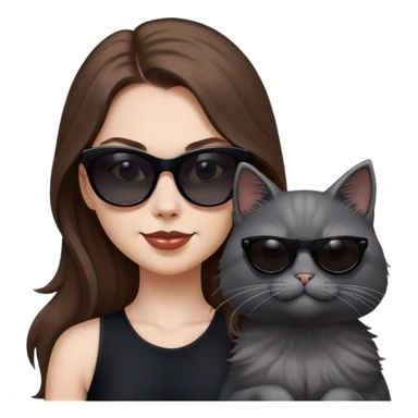 White woman with long brown hair wearing dark sunglasses and a black dress. She is smirking. next to her is a fluffy grey cat who is also wearing dark sunglasses sticker