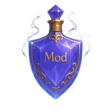 luxurious crystal elixir bottle in shield shape, color #7986cb, with inscription 'Mod', lots of glow, edges, ornaments, golden details, magical effects, very small golden neck, transparent background, beautiful seamless bottom, bottle clearly floating in air, no base or shadow, premium class, modern, fits collection sticker