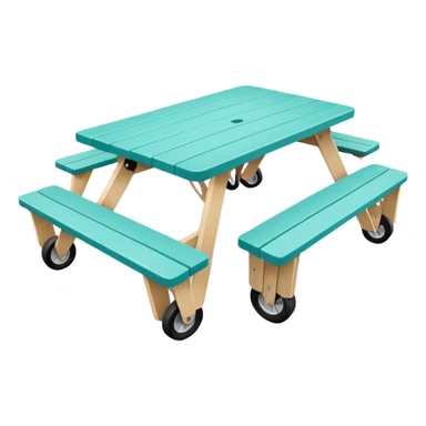 rectangular picnic table with benches, soft teal color, straight vertical legs, wheels underneath, flat wood-style silhouette, clean geometry, minimal shading, theatrical prop sticker