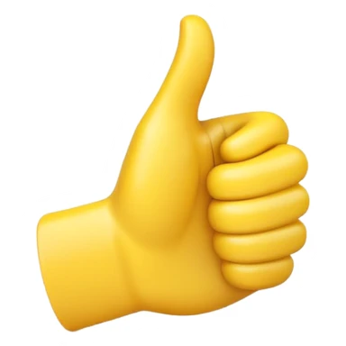 Apple-style 3D illustration of a single yellow emoji hand giving a thumbs up gesture, glossy and rounded, centered on a clean white background, soft shadow underneath, isolated and minimal design sticker