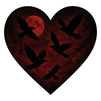  heart with red night sky and dark ravens, remove background sticker