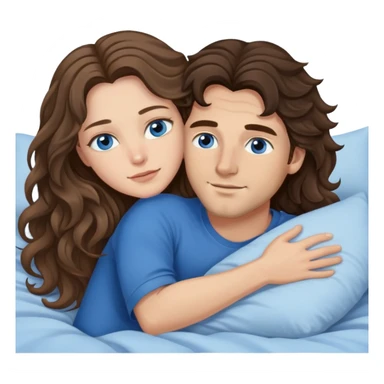Man with dark brown wavy hair and  brown eyes and one woman with long dark blond wavy hair and blue eyes in bed cuddling  sticker