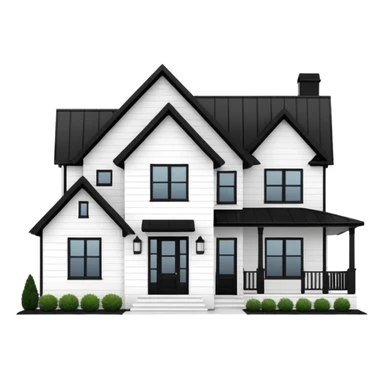 modern farmhouse with white siding, black roof and black trim, exterior view, 3d sticker