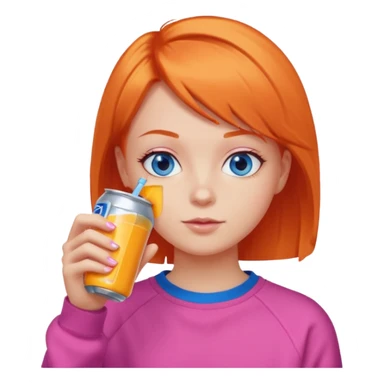 orange short hair girl sipping energy drink, blue eyes, pink sweatshirt sticker