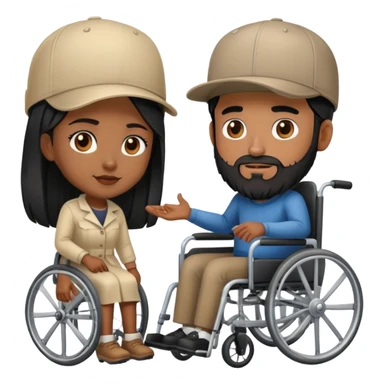 Beige skin man with a beard and cap in a wheelchair and a dark brown skin woman with long black hair in a wheelchair  sticker
