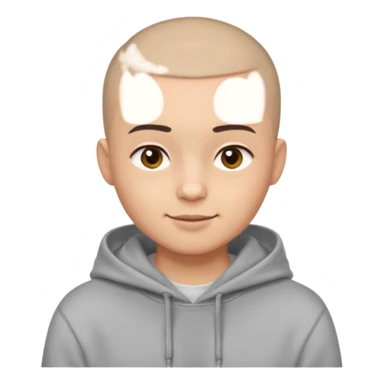 Light skin tone
Buzz cut (very short hair)
Thick, straight eyebrows
Big round brown eyes
Small closed-mouth smile
Wearing a grey hoodie over a white T-shirt sticker