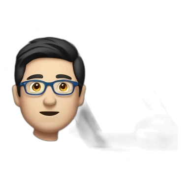 Middle age lean white man with black hair & glasses wearing a blue Tesla T-shirt poping from left front window of a left drive Black Tesla Model 3 sticker