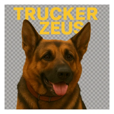 Apply maximum compression to reduce file size as much as possible while keeping transparency, realistic German Shepherd, and yellow 'Trucker Zeus' text. sticker