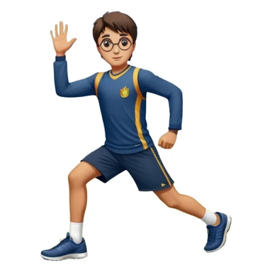 Harry Potter is in sports clothes doing morning exercises, he is in the field before his magic school sticker