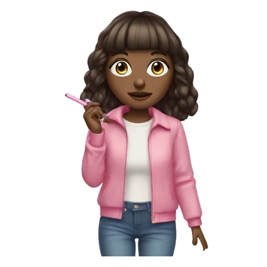 Brunette blue eyed girl with bangs pink outfit with a cbd blunt in her hand  sticker