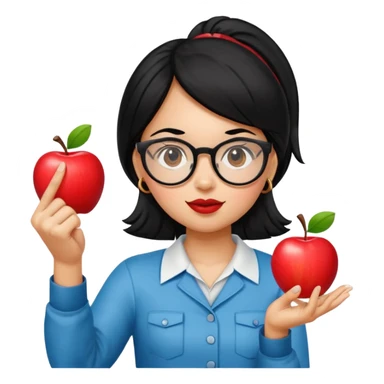 Guatemalan Girl with Black hair and Nerdy Glasses sticking up pointer finger, holding an apple sticker