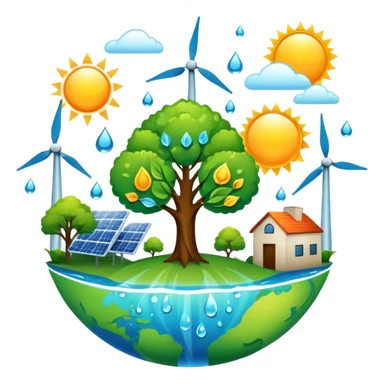 An icon featuring a green Earth, a tree, recycling symbols, and renewable energy sources like wind turbines, solar panels, and hydropower. The design includes animals, water droplets, and the sun, representing ecology, sustainable energy, and environmental protection. Transparent background. sticker