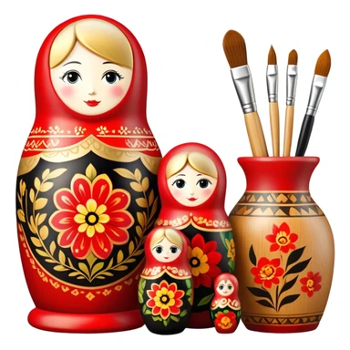 Wood painting icon, painted wooden matryoshkas (nesting dolls) of various sizes, vase, and small wooden box, visible carving tools, paintbrushes, traditional patterns in bright colors like red, gold, and black, no finished artwork, just the crafting process, minimalistic style, clean lines, transparent background. sticker