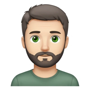 white man with dark messy short hair, dark green eyes, gray t-shirt, and short beard sticker