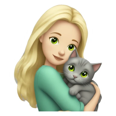 blonde girl with green eyes cuddling grey cat sticker