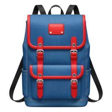 Minimalist emoji-style icon of a stylish blue denim backpack with a flap top, two vertical black buckle straps, a large red-white-navy horizontal block in the center, and two zipper side pockets. Inspired by Tommy Jeans design. Front view, cartoon-like, clean design.

 sticker
