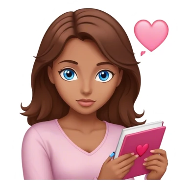 female writer happy, brown hair and blue eyes writing a light pink romance novel with heart sticker