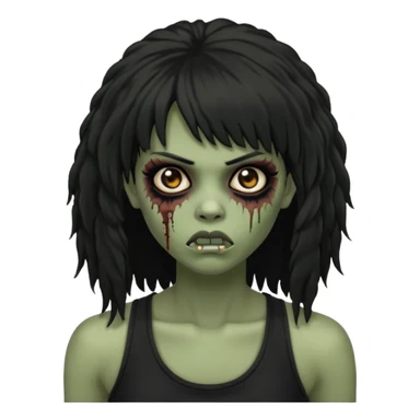 a female zombie with sage green skin, black long afro afro hair with bangs, and a black tank top  sticker