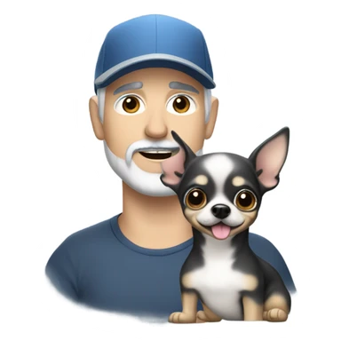 Handsome blue eyed man, with grey hair,  and grey goatee beard, wearing ball cap, holding a black long hair chihuahua  sticker