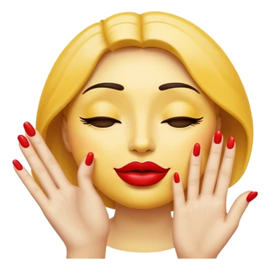 Standard yellow emoji face with closed eyes forming upward curved lines, visible eyelashes, pursed lips with red lipstick, and a hand showing only the thumb out with all other fingers closed against the palm, painted nails sticker