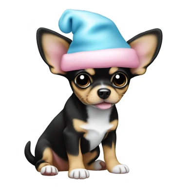 black & tan chihuahua puppy full body light blue eyes pink christmas hat on sticker