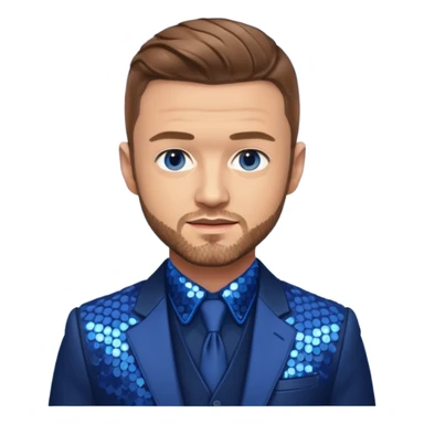 Justin Timberlake with light brown hair, blue eyes, sequin navy blue suit jacket sticker