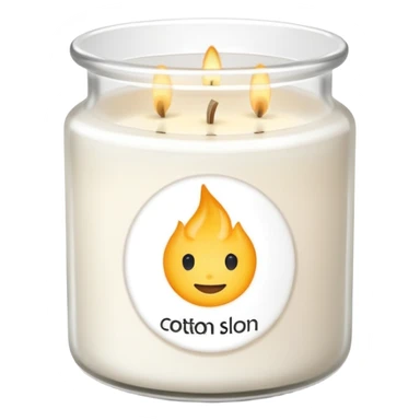 minimal flat emoji of a white scented candle in a glossy white glass jar with the label “cotton”, soft warm glow, clean vector style, elegant and modern, transparent background lux style sticker