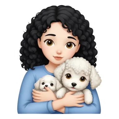A black-haired girl hugs a white curly-haired puppy sticker
