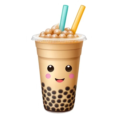 Bubble Tea with tapioca pearls and wide straw in cup, simplified emoji style with bold outlines and bright colors, cartoon style Taiwan popular drink Boba sticker