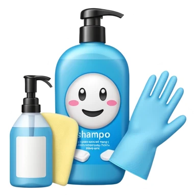 emoji of big (1L) bottle of shampoo, disposable gloves and cotton pads (for makeup) are standing on a table, products look like its always running out, add brand labels to them, make quantity bigger , and i want to see more disposable products, without faces sticker