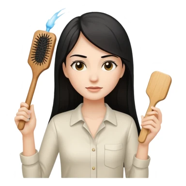 A white woman with long, straight black hair, wearing an ivory-colored shirt, holding a small square wooden paddle hairbrush in her left hand and spraying a hair mist bottle with her right hand toward her hair. sticker