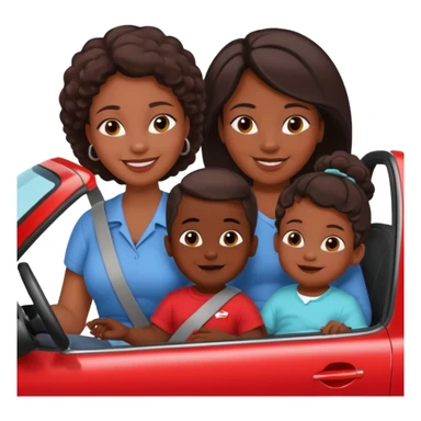 Dark Skin mom with two children, one young boy and a baby girl in a car red sticker