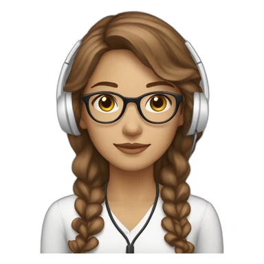 Support analyst woman white, brown curled long hair, brown eyes, Brazilian, white glasses, with a computer and a headset sticker