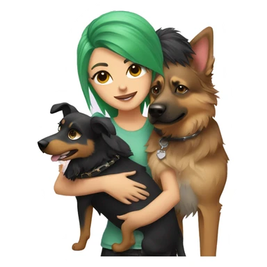 punk girl with green hair hugging a german shepard dog and an australian shepard dog sticker