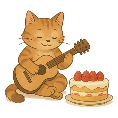cat playing guitar next to a cake, soft Ghibli style sticker