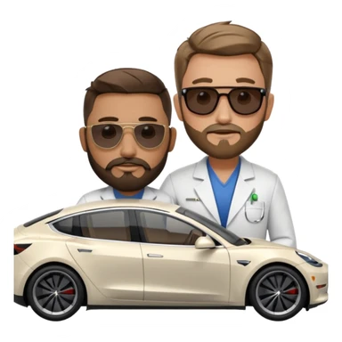White tesla model 3 with a cool physician with dark blond hair, beard and dark sunglasses next to it sticker