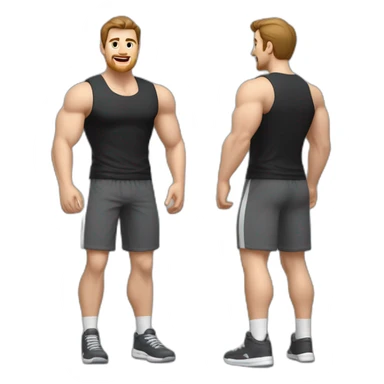 Full height Actively gesturing with hands Pale skinned fit man With the biceps and brown hair In dark gray sleeveless mike, black oversize sports shorts, watch and white sneakers sticker