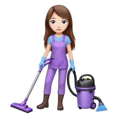 beautiful girl with long brown hair, blue eyes and wearing light purple clothes, cleaning and vacuuming sticker