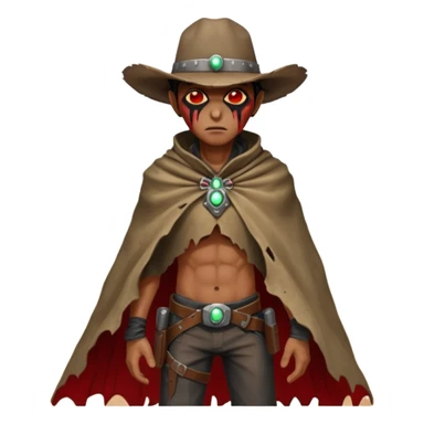 A rugged alien outlaw cowboy with scars and glowing red eyes, torn futuristic poncho, standing in a deserted alien town, dust blowing through empty streets, moody shadows, gritty sci-fi western realism
 sticker