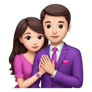 Brunette girl, with an engagement ring on her finger hugging a handsome man, (her boyfriend) both of them happy, she’s wearing a pink dress, he is wearing a suit, he’s also a rich businessman, and there is the 💜 purple heart emoji on top. They look in love with each other sticker