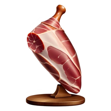 _cinematic-realistic-spanish-ham-leg,-depicted-as-a-massive,-cured-leg-of-jamón-serrano-(ham)-with-a-deep-reddish-brown-hue on the outside,-intricately-marbled-and-slightly-glossy-with-age,-elegantly-displayed-on-a-rustic-wooden-stand-and-bathed-in-warm sticker