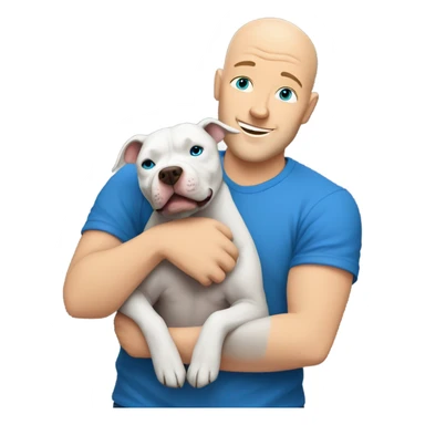 bald white man with blue eyes and blue tshirt Hugging large grey pit bull sticker