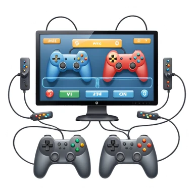 An icon showing two monitors with gaming interfaces, connected by a wire. Each monitor displays a different game screen, with two gamepads placed nearby, symbolizing multiplayer gameplay. transparent background. sticker