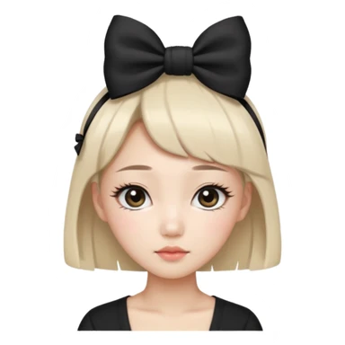Korean woman with black cute  cut with a black top and a bow on her head with long lashes sticker